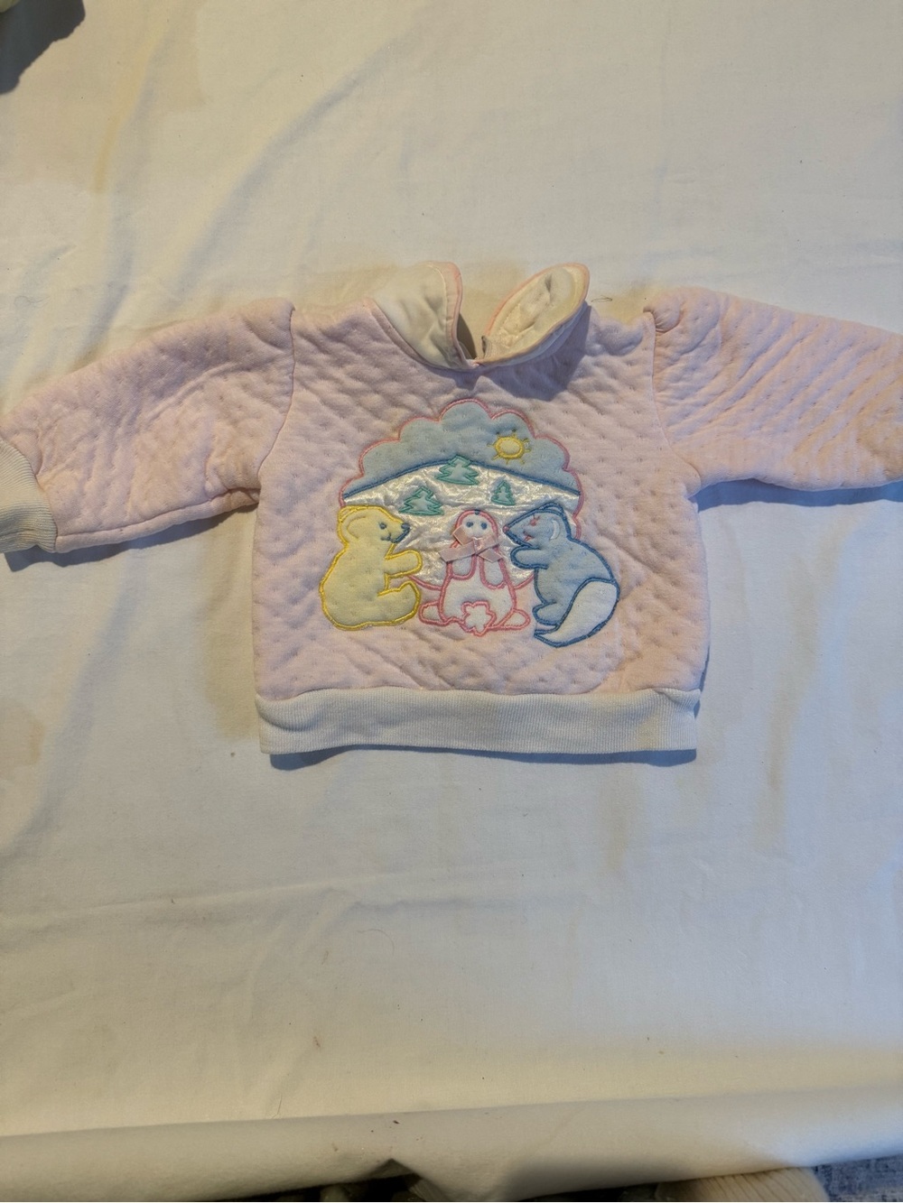 Vintage 1990s Baby Pink Quilted Pullover Sweatshirt with Animal Appliqué